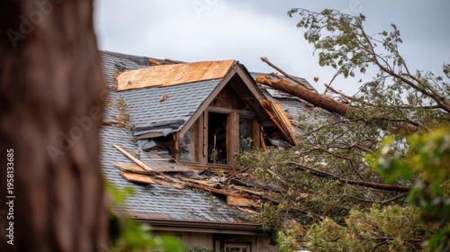Damaged residential house roof after severe hurricane storm. Fallen tree branches on broken shingles. Property insurance and natural disaster consequence, house repair and emergency concept.
