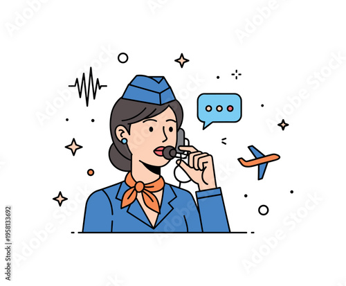 Flight attendant announcement cabin crew member speaking into an intercom microphone while small sound wave icons and airplane symbols suggest important