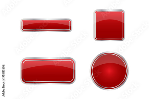 Glossy red button set. Shiny glass Vector. Web panel symbol. Round square icons. Manual vector only. No autotrace used.