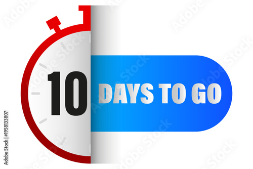 Countdown timer banner. Number ten 10 label. Vector ten days left. Blue red clock. Manual vector only. No autotrace used.
