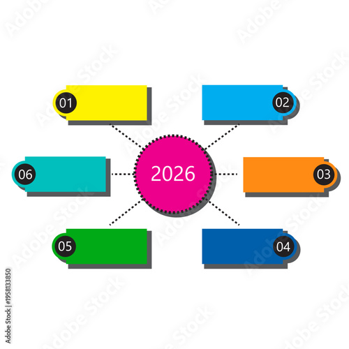 Yearly infographic set. Six steps Vector. Plan two zero two six. Colorful process chart. Manual vector only. No autotrace used.