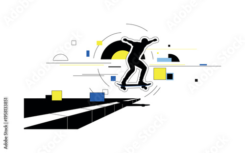 person jumping over curb on e-skateboard abstract semicircles lines and geometric blocks symbolizing agility and city navigation black and white retro human
