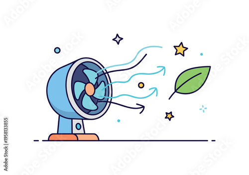 Cooling breeze moment a compact fan sending curved airflow lines toward a floating leaf and star symbol suggesting refreshing air circulation and light summer