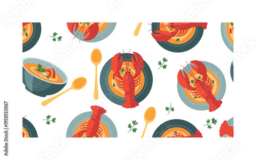 lobster bisque creamy lobster soup bowl with lobster claws herbs and spoon illustrated as elegant seafood dish icon, flat vector rounded shapes, saturated