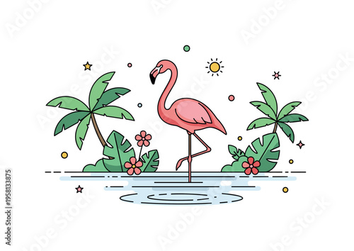 Tropical flamingo lagoon elegant flamingo standing in shallow water surrounded by palm leaves and small tropical flowers while soft ripple lines suggest a calm