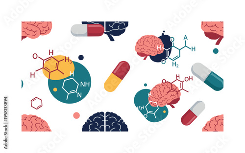 substance interaction metaphors seamless pattern, repeating pattern, surface design, textile print, modern illustration of abstract liquids, capsules, and