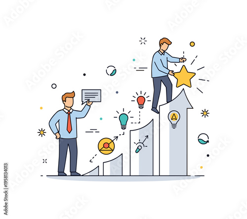 Entrepreneur shaping the future founder placing a bright star at the top of a rising path while innovation symbols appear along the route. Visual story of