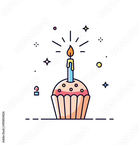 Birthday wish moment featuring a single lit candle on a cupcake with soft radiating lines and tiny floating stars to express a silent heartfelt intention. The