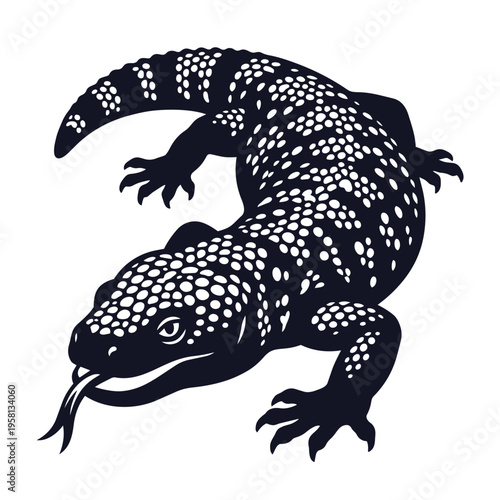 Gila Monster Vector Illustration in Detailed Spotted Woodcut Style with Forked Tongue