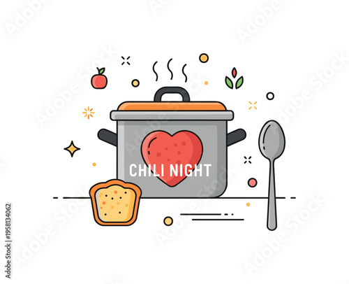 Hearty chili night pot centered with small cornbread slice and spoon nearby, expressing inviting flavors and relaxed conversation. A cozy concept illustration