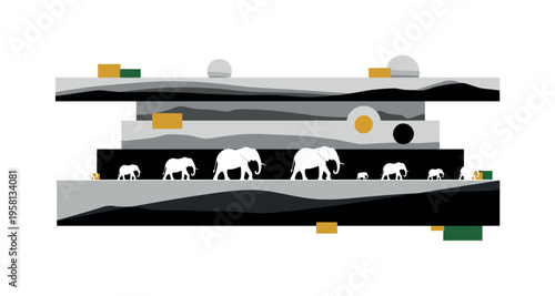 black and white elephant herd moving in a line across stylized terrain, realistic cut-out animals with white outline, circular sun shapes and geometric horizon