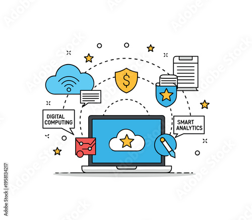 Enterprise digital innovation central laptop surrounded by floating icons of cloud computing, secure data, and smart analytics forming a cohesive digital