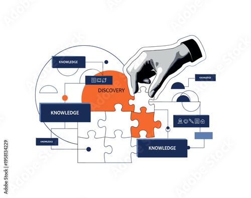 conceptual education composition with a black and white hand placing a puzzle piece into a larger shape, white cut-out outline effect, bold orange circle