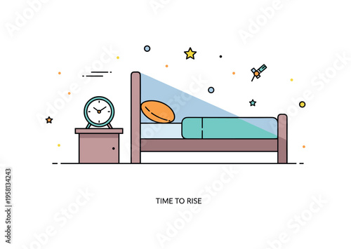 Minimal bedroom wake up moment centered on a sleek clock placed neatly on a bedside table with subtle shadow separation from the bed. A small ?Time to Rise?