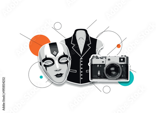 black and white cosplayer mask and costume elements placed beside a camera, cut-out collage object with white outline, floating geometric circles and thin