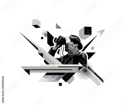 hunter with binoculars, geometric shapes arrows and floating blocks symbolizing scouting and observation, black and white retro realistic figure layered in