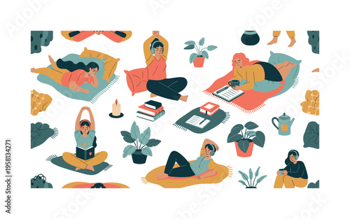 Self care and relaxation seamless pattern, people resting stretching journaling and drinking tea with cozy elements arranged in a repeating pattern, white