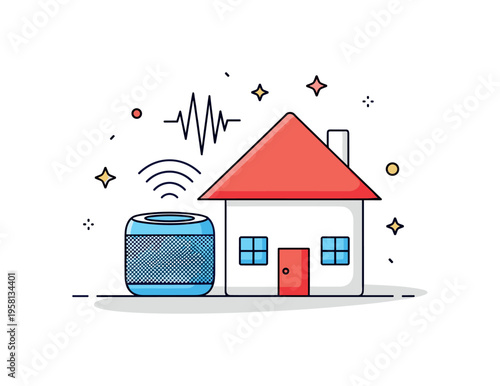 Voice assistant smart home small smart speaker placed beside a house icon with sound wave symbols suggesting voice controlled appliances and automated daily