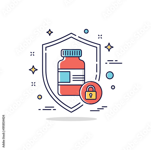 Controlled substances regulation theme illustrated by a medicine bottle inside a subtle shield outline with a small lock symbol, suggesting restricted access