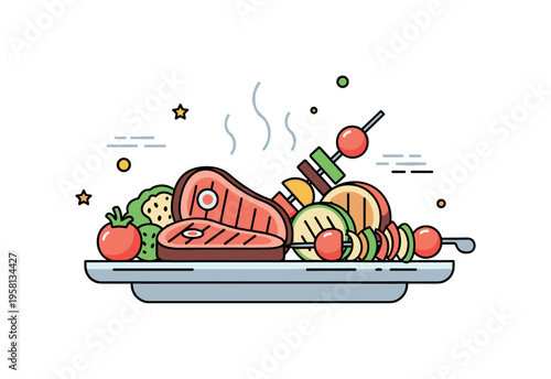 Grilled food platter a serving plate filled with grilled steak slices, roasted vegetables and skewers while subtle steam lines suggest freshly cooked barbecue