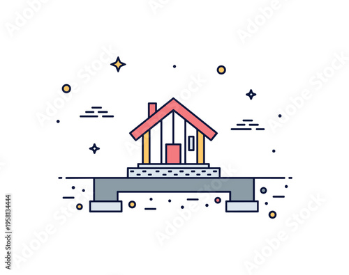 House foundation stage with a clean geometric base and a small home frame rising above it. The composition visually communicates preparation and the beginning