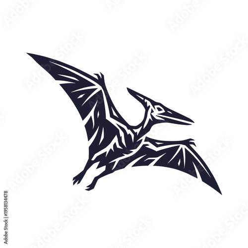 Pterodactyl Pterosaur Vector Illustration Flying in High Contrast Tribal Woodcut Style Isolated on White
