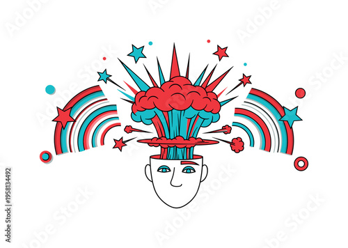 cartoon head exploding into comic-style smoke cloud and star shapes, geometric arcs and circles spreading outward like energy waves, red and turquoise accent