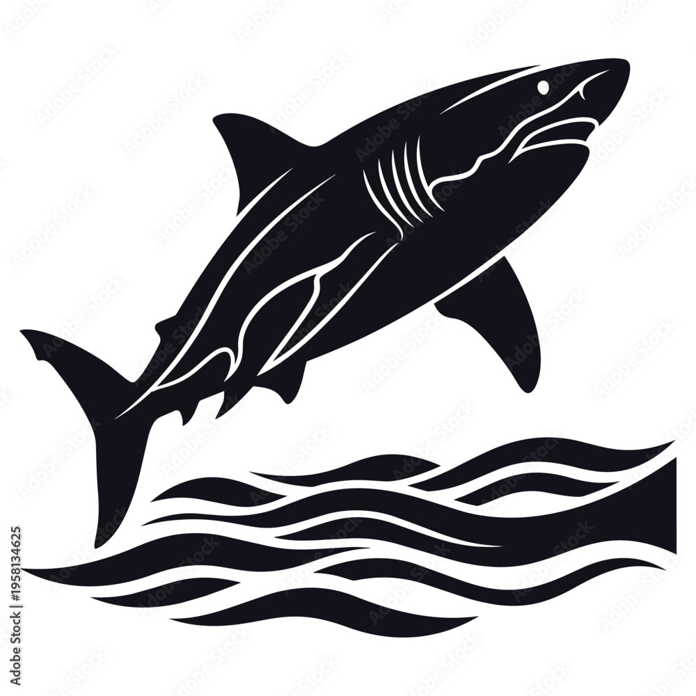 Obraz premium Great White Shark Vector Illustration Leaping Over Ocean Waves in Minimalist High Contrast Style