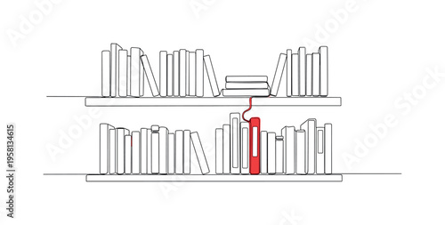 Bookshelf Inspiration. Minimalistic one-line drawing neatly arranged bookshelf with highlighted books representing guidance for personal growth, continuous