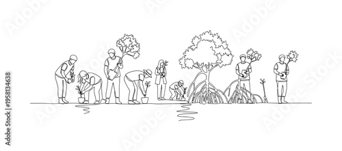 Restoring Mangroves. Minimalistic one-line drawing volunteers working together to reforest a mangrove area, continuous single black line on white background,