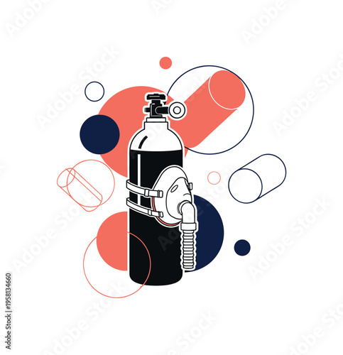 black-and-white oxygen tank with a breathing mask as the main object, floating geometric circles and cylindrical shapes symbolizing compressed air and oxygen