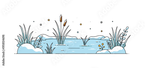 Frozen nature icy pond surrounded by snow covered plants and a few frosted reeds gently rising from the ice surface. The serene winter moment