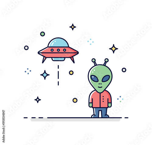 Extraterrestrial visitor icon a curious alien character standing beside a hovering saucer and small sparkle stars, forming a playful visual metaphor for
