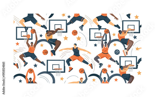 Professional basketball dunk contest seamless pattern, athletes performing creative slam dunk contest moves with hoops stars and basketballs arranged in a