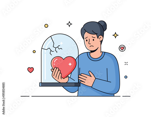 Fear of losing something irreplaceable symbolized by a person carefully holding a glowing heart while small cracks appear in a fragile glass dome around it.