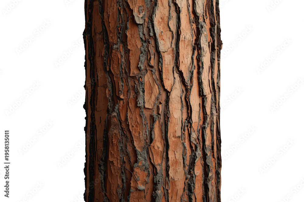 Naklejka premium Pine tree bark texture with rough wood pattern and peeling surface providing natural background element, transparent