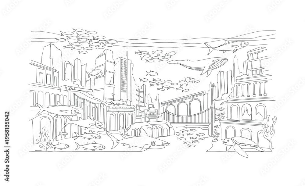 Obraz premium Marine Life Around Buildings. Minimalistic one-line drawing schools of fish swimming around underwater structures and city ruins, continuous single black line