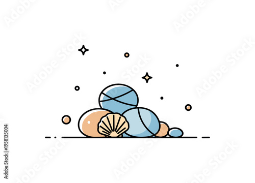 Beach pebble detail showing a small cluster of rounded stones with a minimal shell accent beside them. The composition expresses seaside atmosphere, vacation