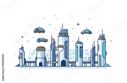 High-tech alien urban center with cylindrical towers, hovering vehicles, and glowing energy grids, conveying futuristic architecture and interstellar