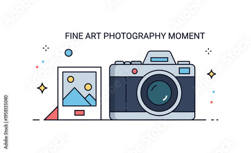 Fine art photography moment a camera placed beside a small framed photo and subtle sparkle icons suggesting creativity, composition and visual storytelling in