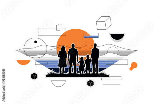 black and white family silhouettes standing together looking at a distant horizon, large orange circle behind them symbolizing sunset during a family outing,