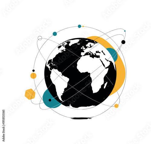 black and white globe with visible continents floating slightly above a base, cut-out collage object with white outline, abstract circular halos and thin orbit