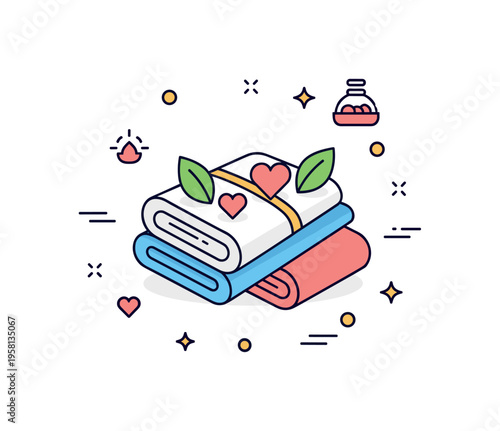 Romantic spa retreat concept centered on two folded towels with subtle heart and leaf accents, expressing relaxation and indulgent care for couples. The