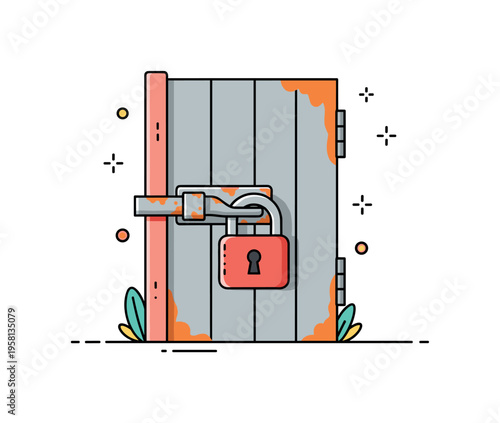 Locked rusty door with a heavy padlock attached to a corroded metal latch. The scene represents restriction, secrecy and the long passage of time. Minimalist