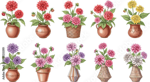 Vintage flower bouquets in decorative vases and pots. Botanical floral arrangement set. Elegant garden blossoms for home decor, wedding design, and classic themes.