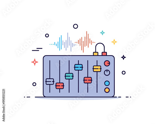 Dynamic audio mixing concept showing a small mixing console with moving sliders and subtle sound wave accents representing control and balance of different