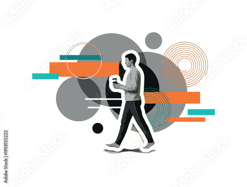monochrome person walking slowly in a park with coffee in hand representing Sunday relaxation, white contour cut-out outline around the figure, layered circles