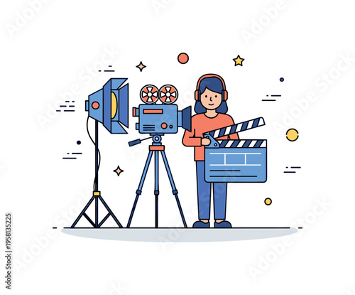 Film crew collaboration a camera setup with tripod studio light and clapperboard surrounding a performer to represent teamwork and coordination during filming.