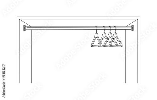 Minimal Closet Rod. Minimalistic one-line drawing clean straight rod installed in a closet with a few hangers, continuous single black line on white