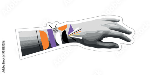 hand resting with wrist swatches visible abstract semicircles lines and geometric blocks symbolizing beauty experimentation black and white retro hand and